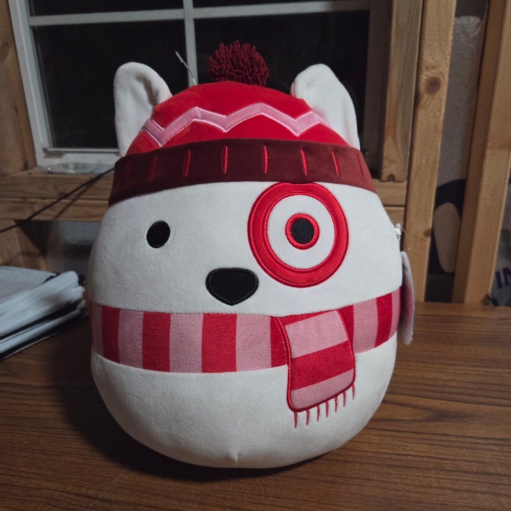 Squishmallows Bullseye Target Dog Winter Plush 12 Inch Red Scarf Hat SQTG00001